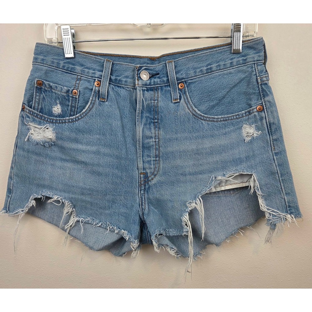 Levis 501 Original Distressed Denim Shorts Light Wash High Rise Button Fly SZ 28